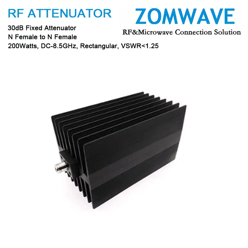 30dB Fixed Attenuator, N Female to N Female, 200Watts, DC-8.5GHz, Rectangular, VSWR1.25